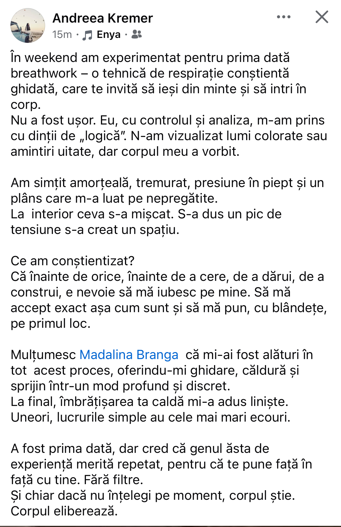 Captura originală a experienței Andreei